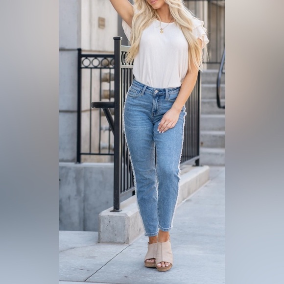 JUDY BLUE 5 Jonesborough blue high rise side fringe slim fit stretch ankle jean - Picture 2 of 15